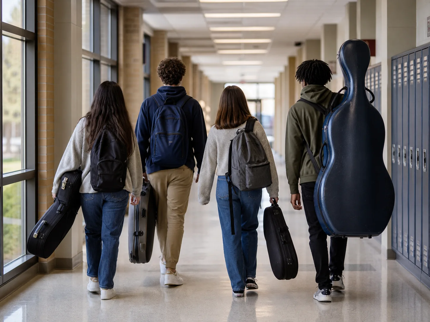 Students walking through school with instrument cases
