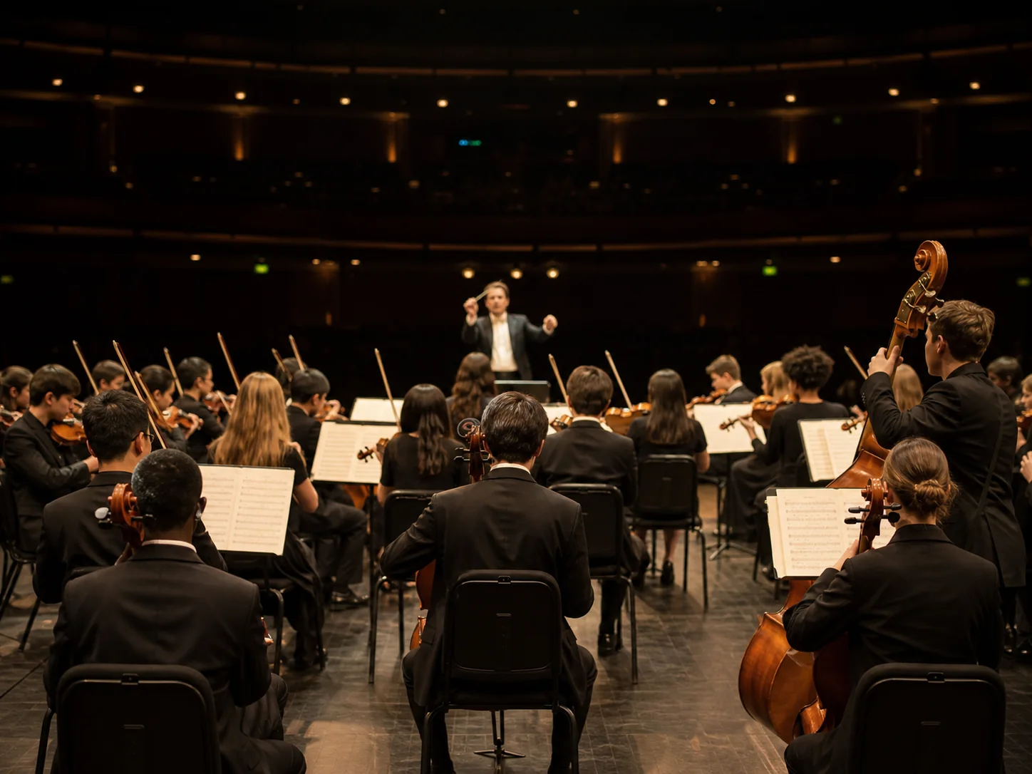 A student string orchestra performing on stage
